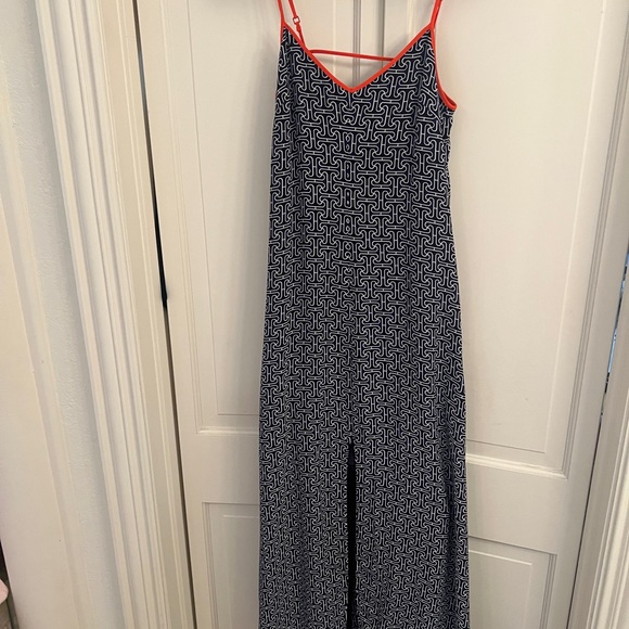 Trina Turk Dresses & Skirts - Trina Turk Navy Silk with Orange Trim Front Slit Maxi Dress